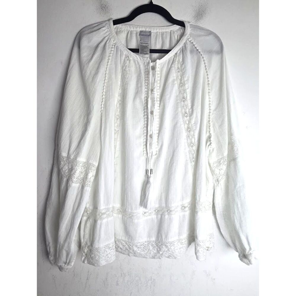 Chico's  White 100% Cotton Lace Detail Henley Boho Peasant Blouse size 4/US 22